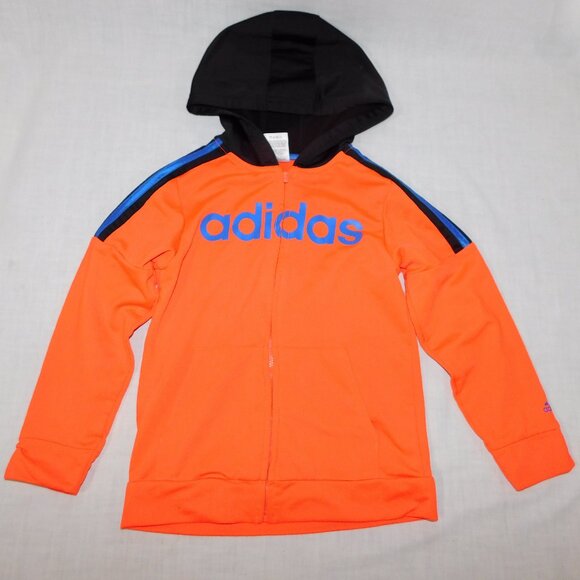 Adidas Boys 7 Orange Black Blue Full Zip Hooded Track Jacket - Picture 1 of 9